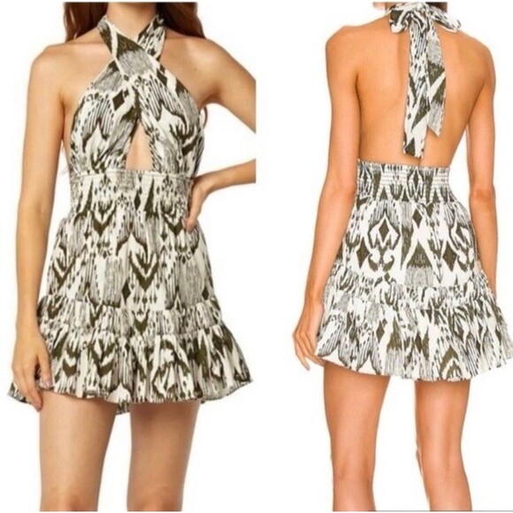 MISA Los Angeles Tula Halter Mini Dress Women XS Smocked Waist Tropical Vacation - Picture 2 of 10